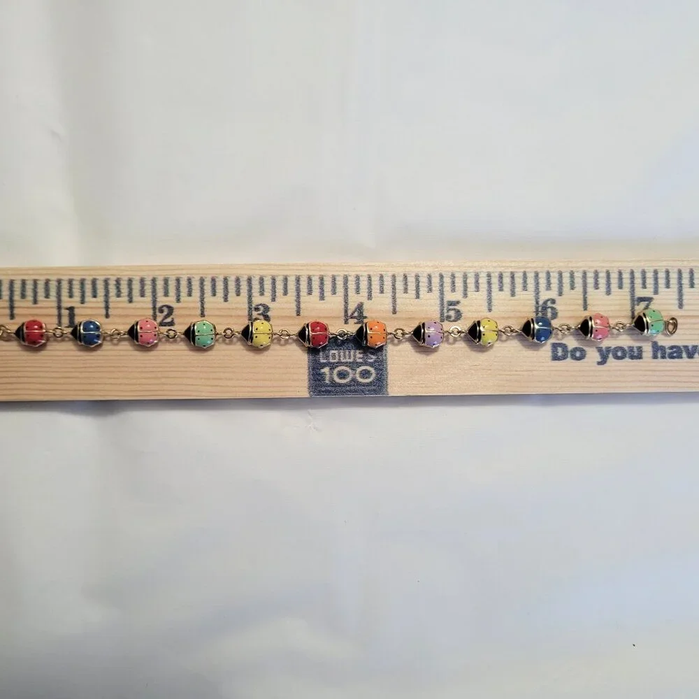 Lady Bug Multicolor Puffy Enamel Bracelet 10k Yellow Gold 3D - Picture 8 of 13